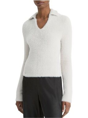 NEW Vince Eyelash Polo Sweater in Light Birch Stone (Gray), M